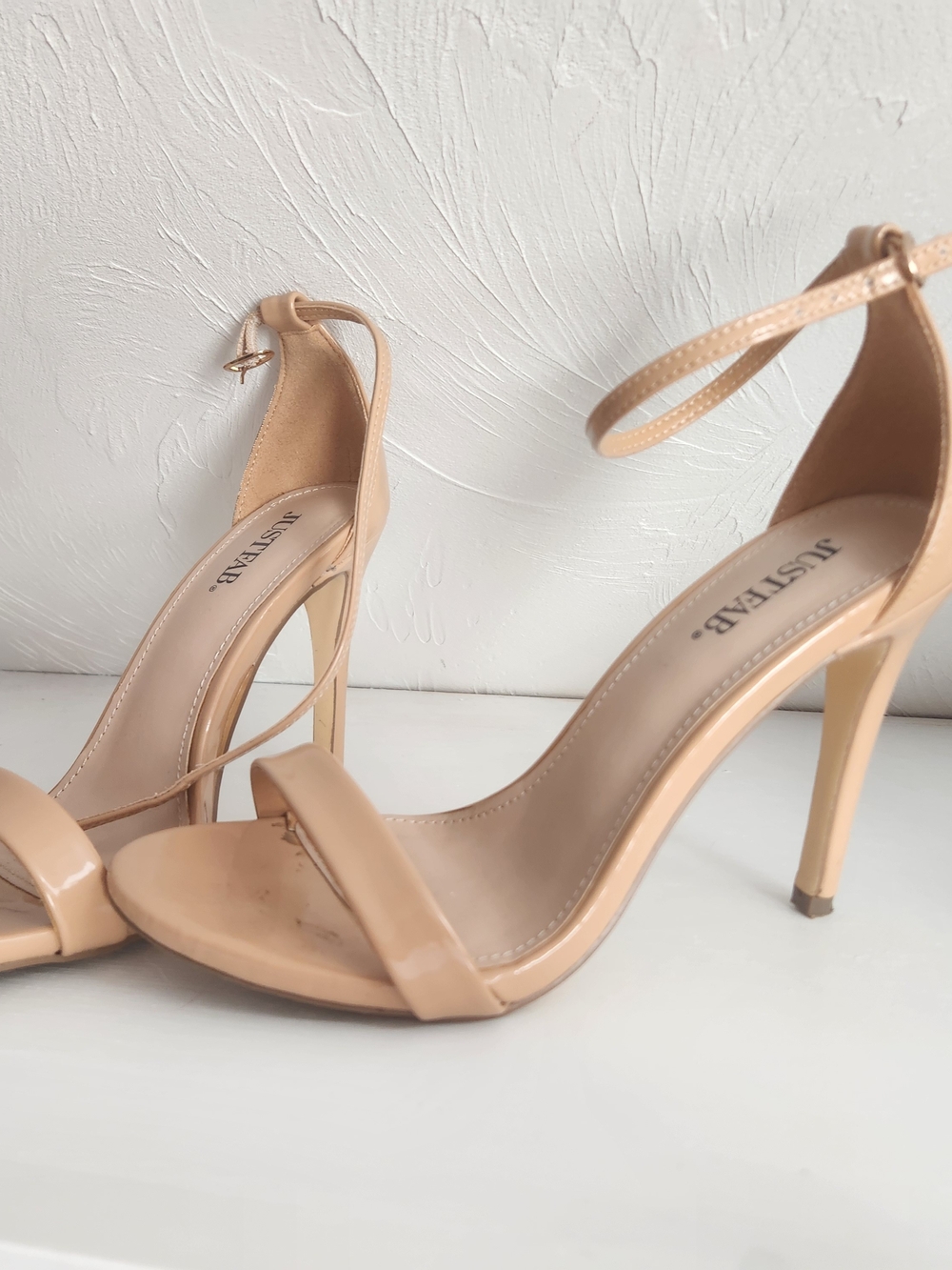 JustFab Beige Nude Patent Ankle-Strap Stilettos